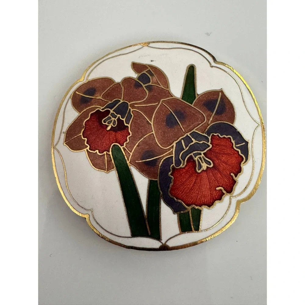 Vintage Cloisonne Enamel Daffodil Scarf Clip Gold Tone Floral White Brown Red